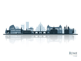Rome skyline silhouette with reflection. Landscape Rome, Italy. Vector illustration.