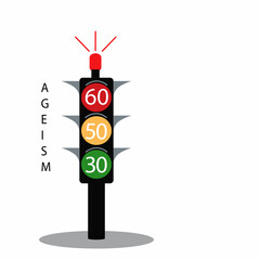 Stop the concept of ageism. Traffic light with numbers of different ages. Vector illustration with a copy of the space.
