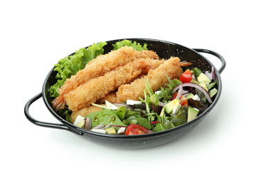 Сoncept of tasty food with deep-fried shrimp isolated on white background