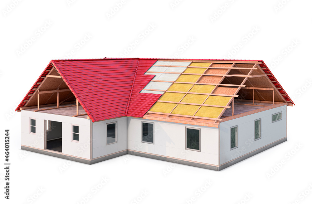 Wall mural House construction roofing concept isolated. 3d illustration