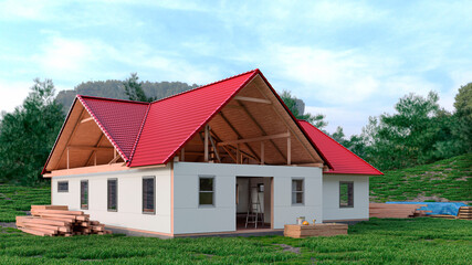 Fototapeta na wymiar Exterior modular house construction with unfinished roof. 3d illustration