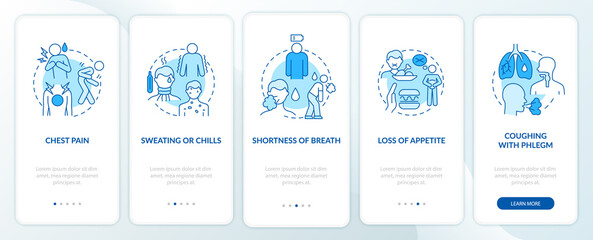 Fototapeta na wymiar Pneumonia signs onboarding mobile app page screen. Cold sweats and chills walkthrough 5 steps graphic instructions with concepts. UI, UX, GUI vector template with linear color illustrations