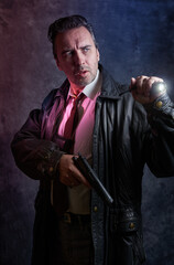 Police detective on a dark background, a policeman at work, tough cop, fake badge