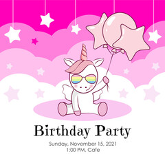 Obraz na płótnie Canvas Birthday invitation with cute unicorn and pink balloons. Ready to use and editable template. An invitation for children and adults. 
