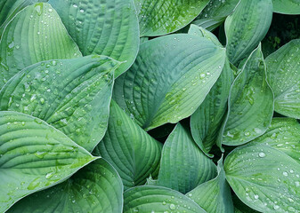 Green hosta with water drops on leafs, close-up photo