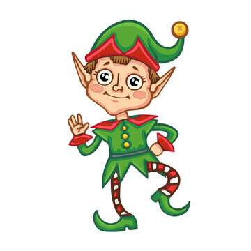 cute christmas elf welcomes. vector cartoon colorful illustration isolated on white background