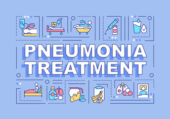 Fototapeta na wymiar Pneumonia treatment word concepts banner. Medication and diet. Infographics with linear icons on blue background. Isolated creative typography. Vector outline color illustration with text