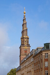 Fototapeta na wymiar famous spiral spire of Vor Frelsers Kirke at Copenhagen, Denmark