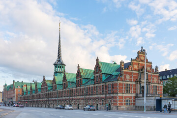 Historic stock exchange building with its famous twisted tower at Copenhagen, Denmark