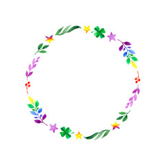 Fototapeta na wymiar Rainbow floral wreath. Fairy Tale children sweet dream. Circle frame, wreath with watercolor green leaves, hearts, stars