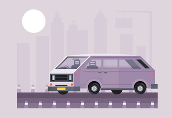 cargo crew van flat illustration against the city silhouette in a fog