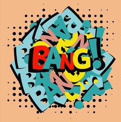 Bang Comic lettering Vector cartoon illustration in retro pop art style on halftone background