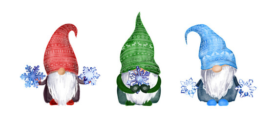 Winter set of gnomes with snowflakes. Watercolor christmas gnome, dwarves family in hats with scandinavian ornament and snow flakes - 464020423