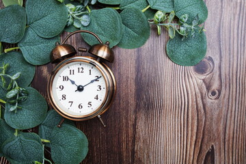 Alarm clock with eucalyptus leaves decorate on wooden background