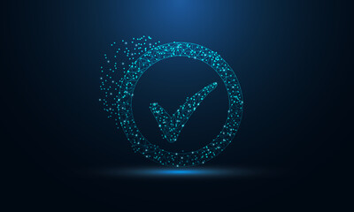 Abstract futuristic vector of Check Mark icon in the form of a starry sky space. consisting of points, light, lines, and shapes in the form of design. Low poly Tick Sign vector on blue background.