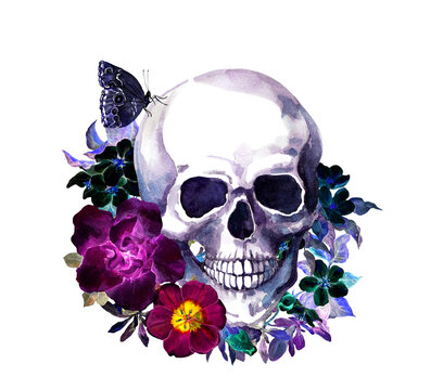 Human skull with dark moth butterfly, black flowers in vintage boho style. Watercolor for gothic style tattoo, Halloween