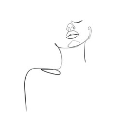Woman face with raised chin and closed eyes close-up one line drawing on white isolated background. Vector illustration