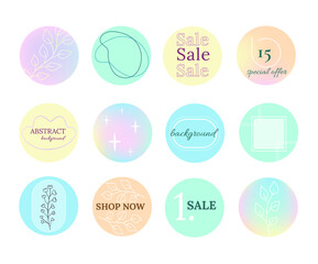 Round sticker set. Gradient Aesthetic, elegant vibrant background. Futuristic vibe. Story highlights icons collection for social media design. Trendy modern stickers for web, app and brand design.