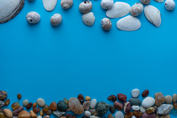 Flat lay composition sea pebbles and seashells on a blue background. space for text