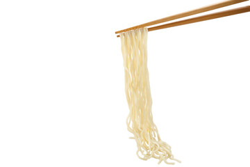 .chopsticks picking up noodles isolated on white background..