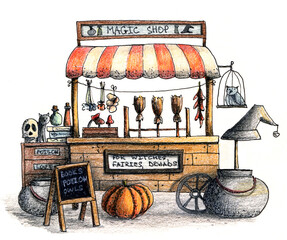 Cute autumn magic shop with pot, potion, owl  and pumpkin. Hand drawn ink pen and colored pencils illustration.