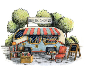 Cute summer and spring book shop with bus, trees, chair and shelf. Hand drawn ink pen and colored pencils illustration.