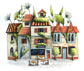 Cute summer and spring cafe shop with trees, flowers, and table. Hand drawn ink pen and colored pencils illustration.