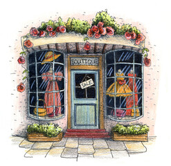 Cute summer and spring dress shop or boutique with flowers, leaves, doors  and windows. Hand drawn ink pen and colored pencils illustration.