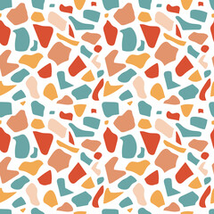 Colorful terrazzo seamless pattern, Abstract terracotta, yellow and blue shapes vector illustration.