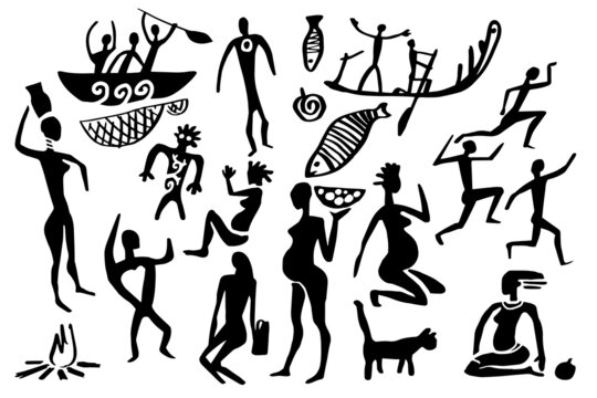 Primitive men and woman silhouette with fish, cat, pots. Rock painting style. Vector hand drawn illustration isolated on white background. Image of cave people everyday life. Art element for design.