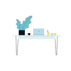 Vector flat cartoon work desk with laptop and stuff isolated on empty background-electronic equipment and office interior elements,workplace organization concept,web site banner ad design