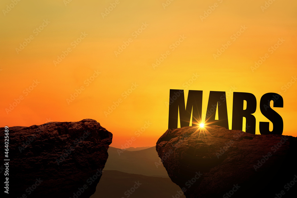 Poster beautiful mountain landscape with rocks with sunset on the red planet mars with text. concept of the
