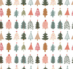 Cute winter season holiday childish seamless pattern with minimalist hand drawn various Christmas tree doodle. Beautiful New Year children naive background design, textile print © Caelestiss