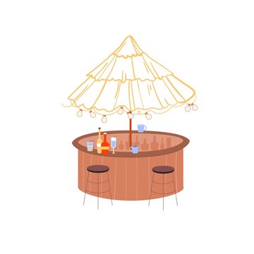 Vector Cartoon Flat Round-shaped Beach Tiki Bar With Palm Hut,chairs And Alcohol Drinks Isolated On Empty Background-travel,tourism,vacation At Sea Concept,web Site Banner Ad Design