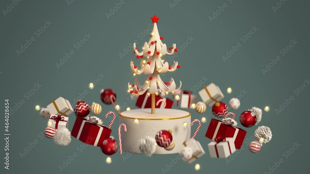 Poster christmas tree and ornaments float in air. looped 3d render animation