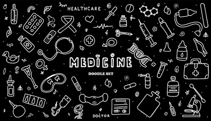 Medical doodle poster with medicines, test tubes and a thermometer. Big pharmacy set. Template for an advertising, pattern or remote medical consultations for adults and children. Vector illustration