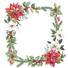 Beautiful floral christmas frame with hand drawn watercolor winter flowers such as red poinsettia and holly branch. Stock 2022 winter illustration.
