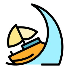 Ship on tsunami wave icon. Outline ship on tsunami wave vector icon color flat isolated