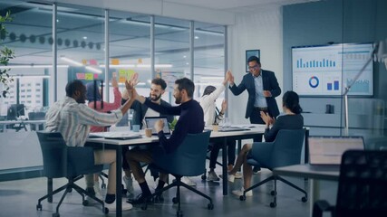 Multi-Ethnic Office Conference Room. Executive does Presentation for Young Managers. Team of Businesspeople Applaud, Celebrate Victorious Start of the Innovative e-Commerce Startup. Static Wide Shot