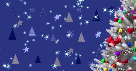 Image of christmas tree over christmas tree pattern on blue background