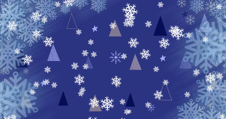 Naklejka na ściany i meble Image of snow falling christmas tree pattern on blue background