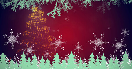 Fototapeta na wymiar Image of snow falling over christmas symbols on red background
