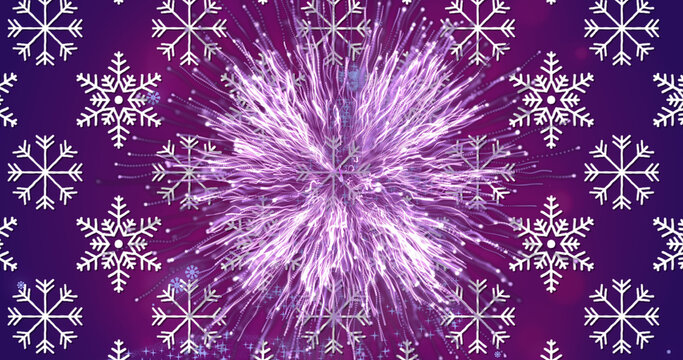 Image of snow falling over firework on purple background