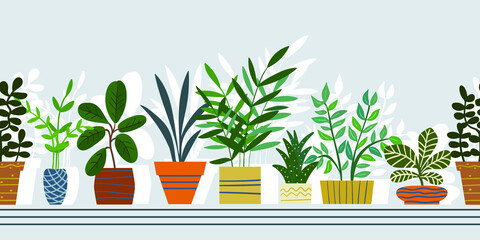 Seamless ribbon border with potted houseplants. Colorful vector illustration.