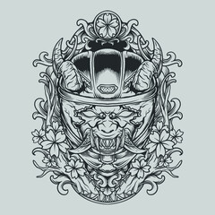 Fototapeta premium tattoo and t shirt design black and white hand drawn devil with helm full mask engraving ornament 