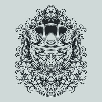 tattoo and t shirt design black and white hand drawn devil with helm full mask engraving ornament 