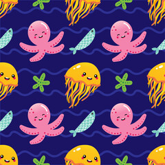Cute cartoon style fish, octopus, jellyfish, starfish characters vector seamless pattern background for sea life design.