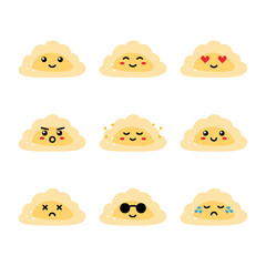 Set, collection, pack of dumplings emoji, vector cartoon style icons of pierogi, filled dumplings characters with different facial expressions, happy, sad, shining, joyful.