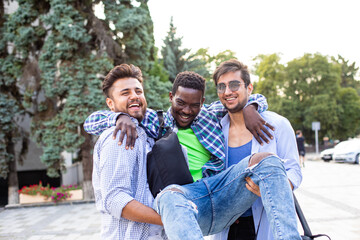 The group of multiethnic students have fun outdoors