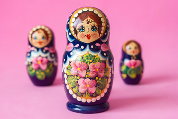 Matryoshka set of wooden toys in Russian national style, traditional souvenir from Russia, selective focus